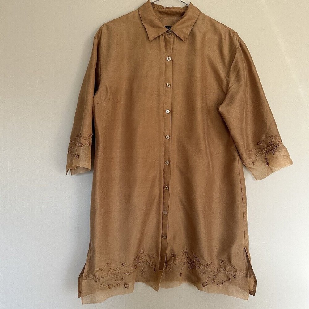 Vintage 100% Silk embroided tunic blouse size XL gold beige color